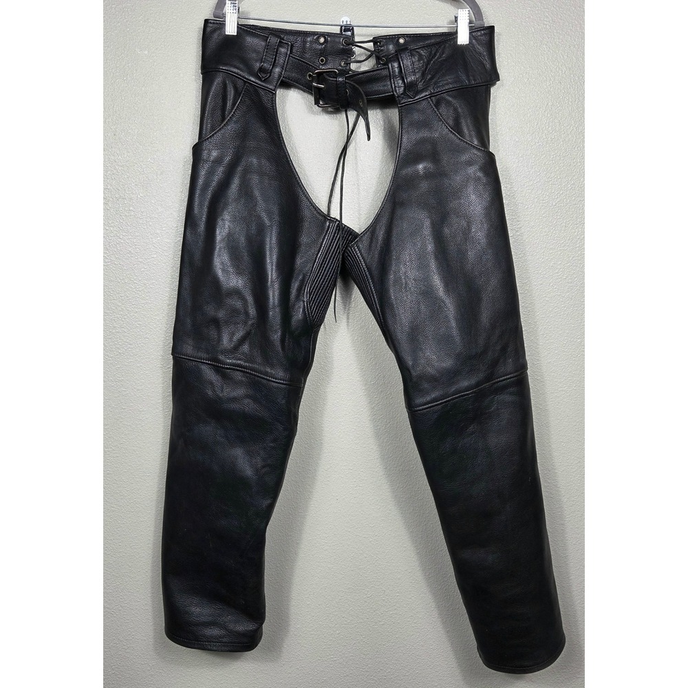Love Leathers Genuine Leather Motorcycle Chaps Black Biker Riding Pants Size S